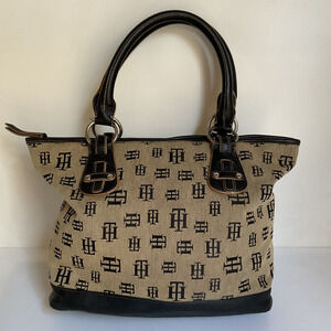 Tommy Hilfiger Y2K Monogram Tote Bag Black Beige Canvas Vintage